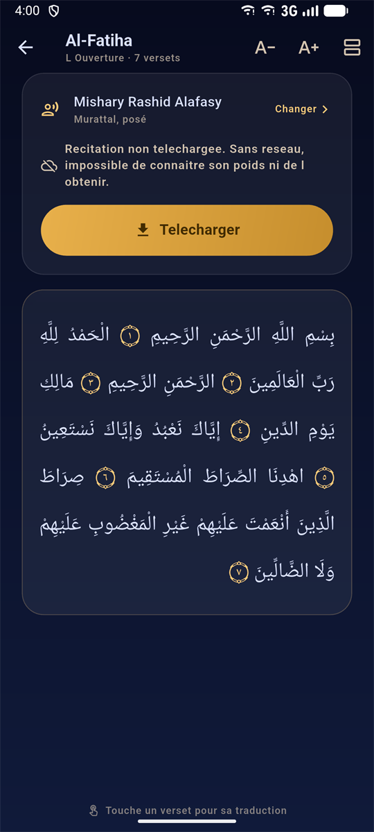 Sourate Al-Fatiha affichée en page continue, avec les numéros de versets en chiffres arabes.