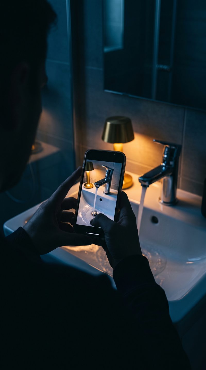 De nuit, une personne tient son téléphone et photographie un robinet chromé d où l eau coule, éclairé par une seule lampe.