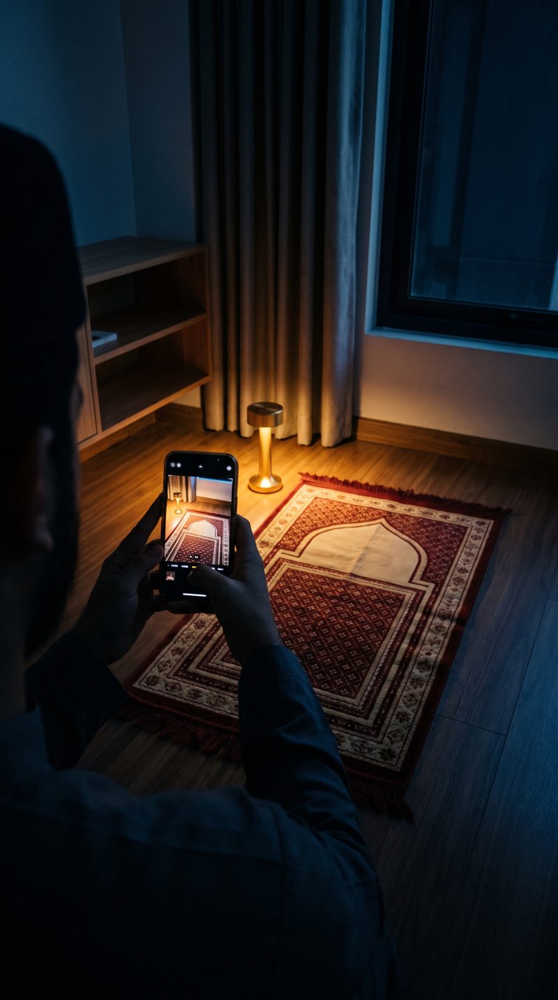 De nuit, une personne tient son téléphone et photographie un tapis de prière déroulé sur le parquet, éclairé par une lampe posée au sol.